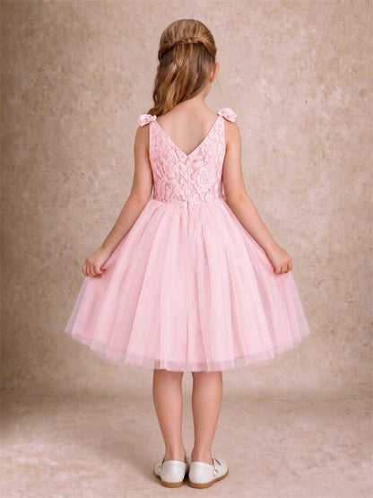 Sleeveless Flower Girl Dress Lace Tulle Knee Length Princess Party Gown For Wedding