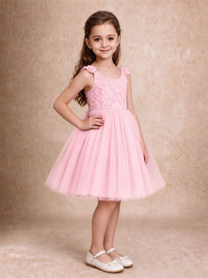 Sleeveless Flower Girl Dress Lace Tulle Knee Length Princess Party Gown For Wedding