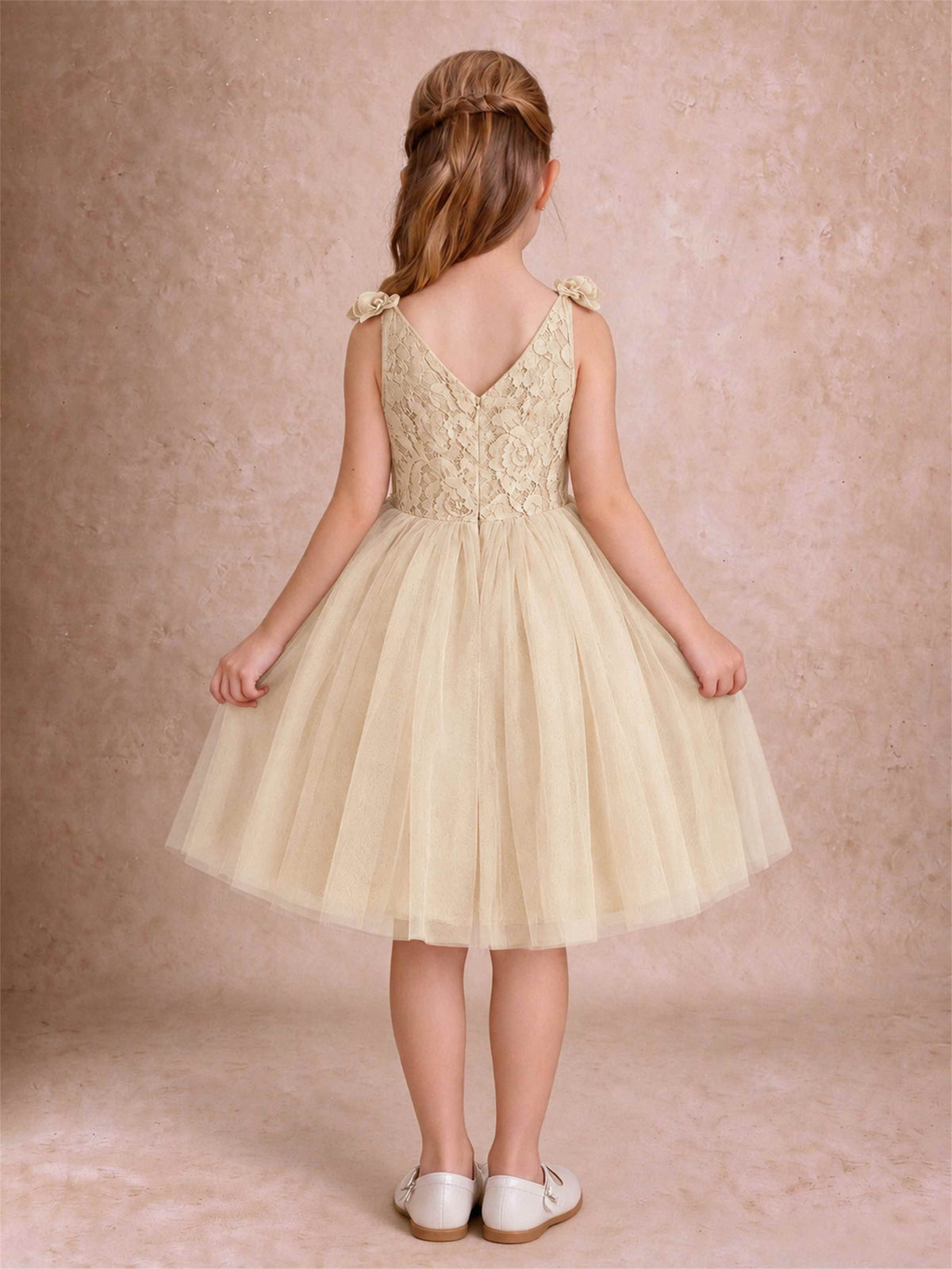 Sleeveless Flower Girl Dress Lace Tulle Knee Length Princess Party Gown For Wedding