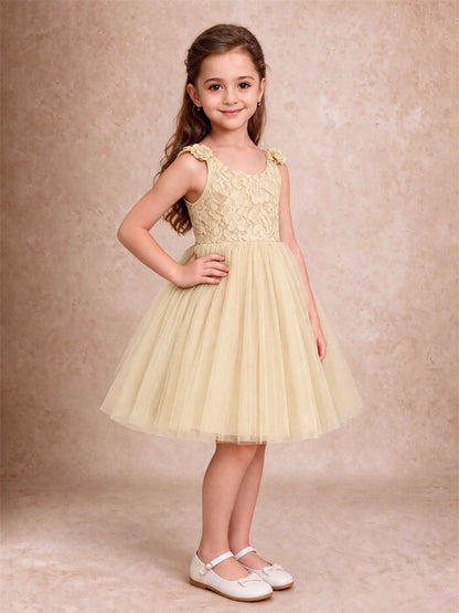 Sleeveless Flower Girl Dress Lace Tulle Knee Length Princess Party Gown For Wedding