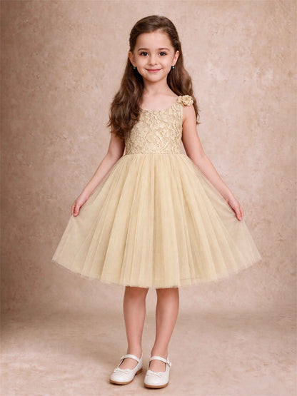 Sleeveless Flower Girl Dress Lace Tulle Knee Length Princess Party Gown For Wedding