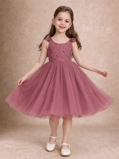 Sleeveless Flower Girl Dress Lace Tulle Knee Length Princess Party Gown For Wedding