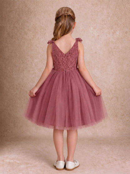 Sleeveless Flower Girl Dress Lace Tulle Knee Length Princess Party Gown For Wedding