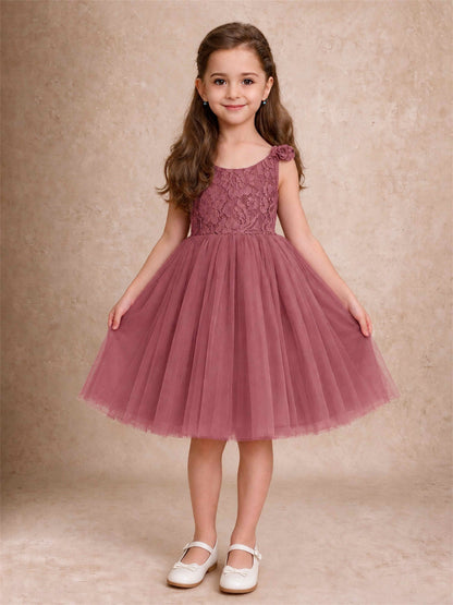 Sleeveless Flower Girl Dress Lace Tulle Knee Length Princess Party Gown For Wedding