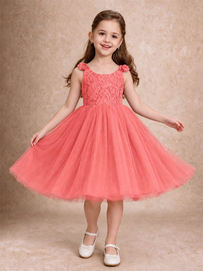 Sleeveless Flower Girl Dress Lace Tulle Knee Length Princess Party Gown For Wedding