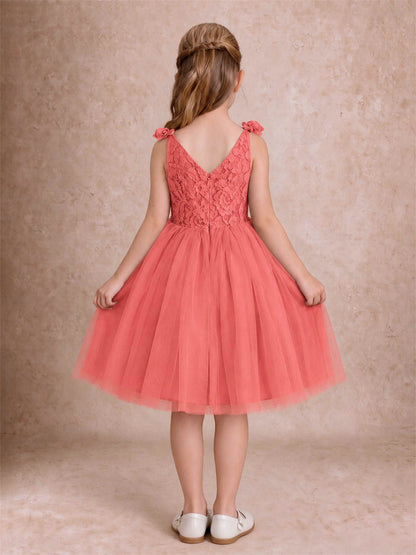 Sleeveless Flower Girl Dress Lace Tulle Knee Length Princess Party Gown For Wedding