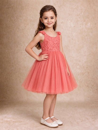 Sleeveless Flower Girl Dress Lace Tulle Knee Length Princess Party Gown For Wedding