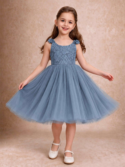 Sleeveless Flower Girl Dress Lace Tulle Knee Length Princess Party Gown For Wedding