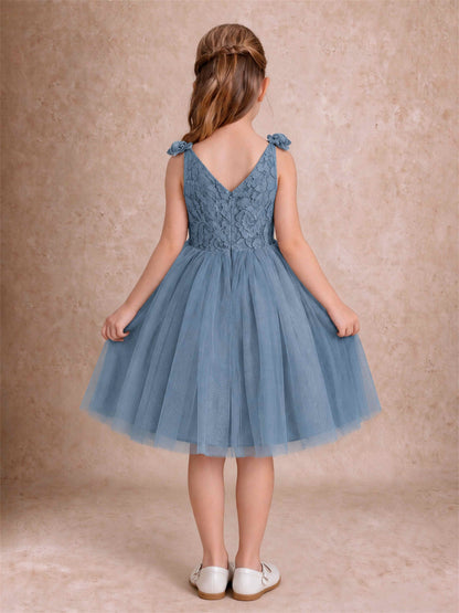 Sleeveless Flower Girl Dress Lace Tulle Knee Length Princess Party Gown For Wedding