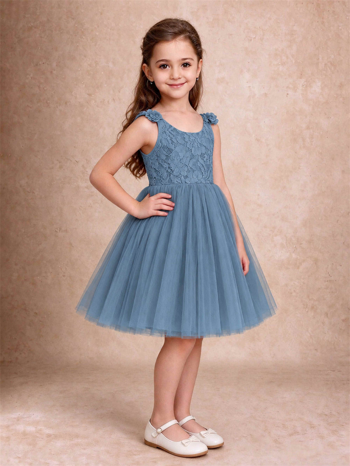 Sleeveless Flower Girl Dress Lace Tulle Knee Length Princess Party Gown For Wedding