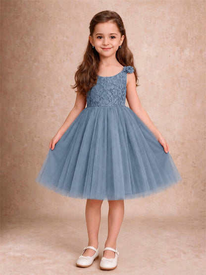 Sleeveless Flower Girl Dress Lace Tulle Knee Length Princess Party Gown For Wedding
