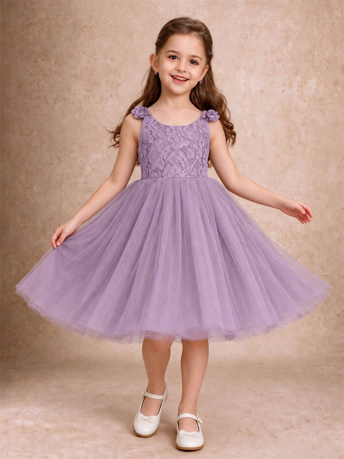 Sleeveless Flower Girl Dress Lace Tulle Knee Length Princess Party Gown For Wedding
