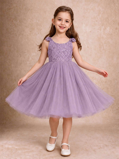 Sleeveless Flower Girl Dress Lace Tulle Knee Length Princess Party Gown For Wedding