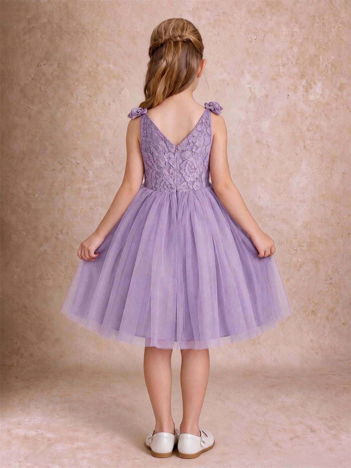 Sleeveless Flower Girl Dress Lace Tulle Knee Length Princess Party Gown For Wedding
