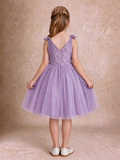 Sleeveless Flower Girl Dress Lace Tulle Knee Length Princess Party Gown For Wedding
