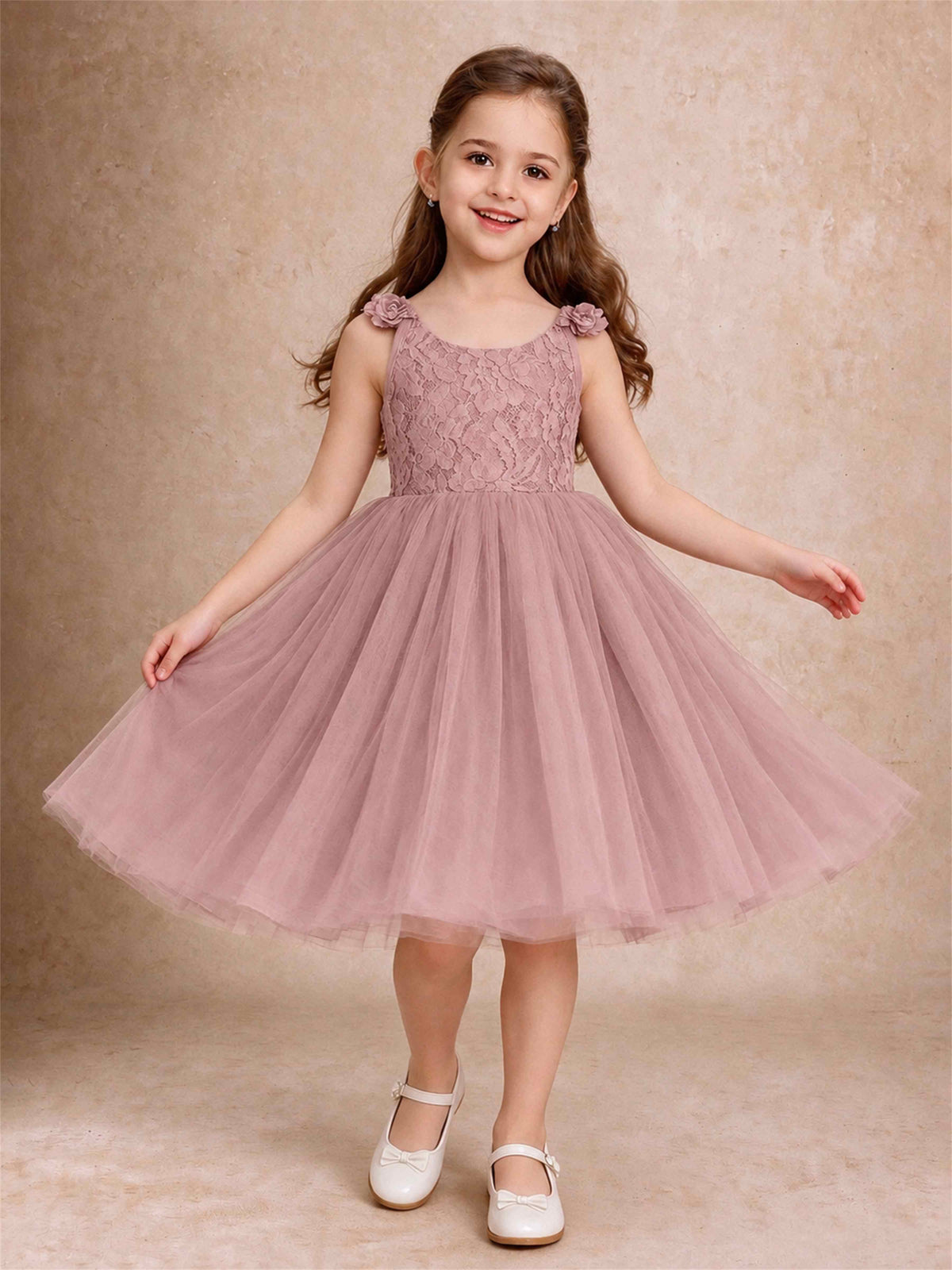Sleeveless Flower Girl Dress Lace Tulle Knee Length Princess Party Gown For Wedding