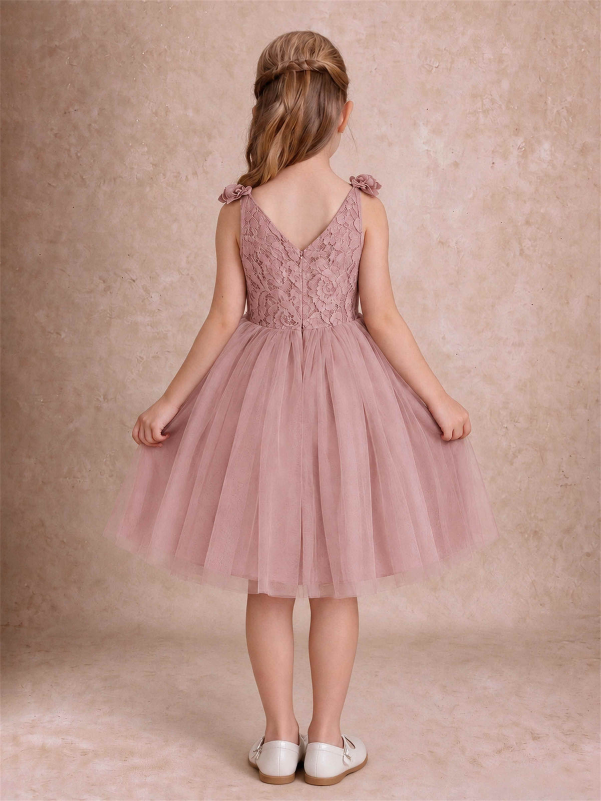 Sleeveless Flower Girl Dress Lace Tulle Knee Length Princess Party Gown For Wedding