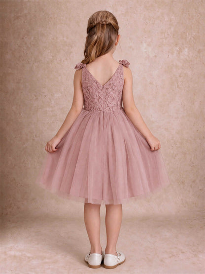 Sleeveless Flower Girl Dress Lace Tulle Knee Length Princess Party Gown For Wedding