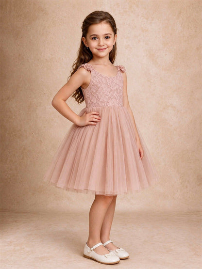 Sleeveless Flower Girl Dress Lace Tulle Knee Length Princess Party Gown For Wedding