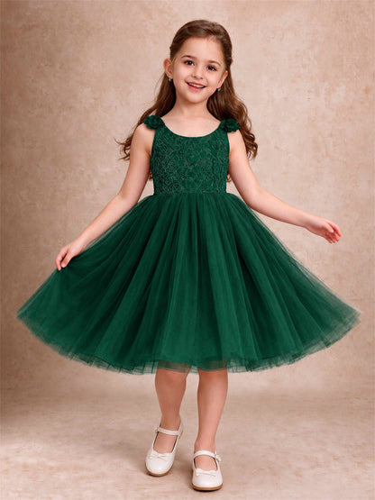 Sleeveless Flower Girl Dress Lace Tulle Knee Length Princess Party Gown For Wedding
