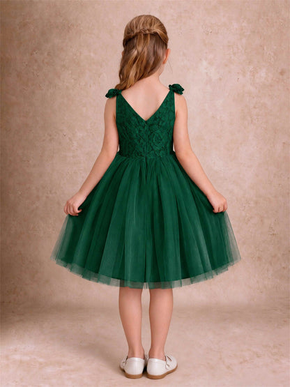 Sleeveless Flower Girl Dress Lace Tulle Knee Length Princess Party Gown For Wedding