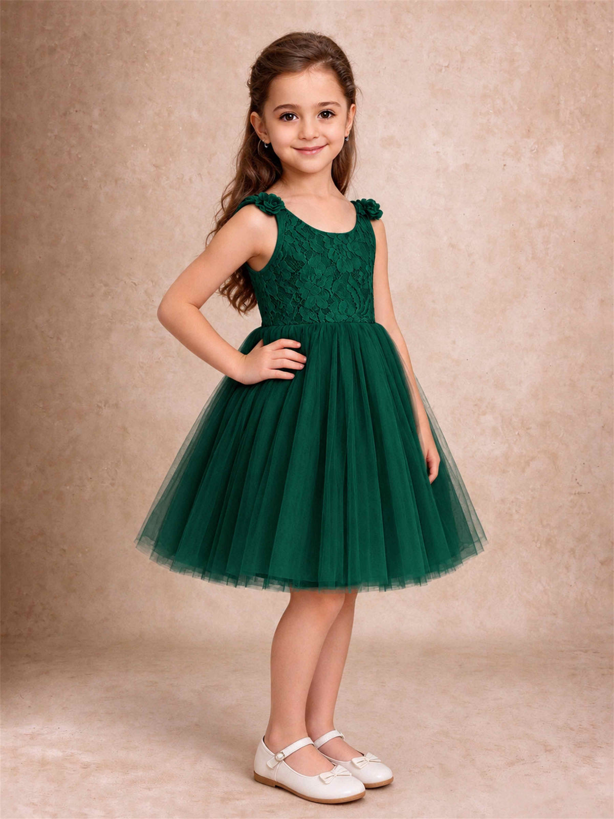 Sleeveless Flower Girl Dress Lace Tulle Knee Length Princess Party Gown For Wedding