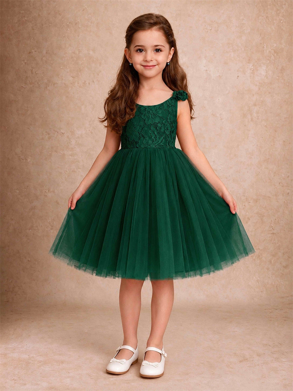 Sleeveless Flower Girl Dress Lace Tulle Knee Length Princess Party Gown For Wedding