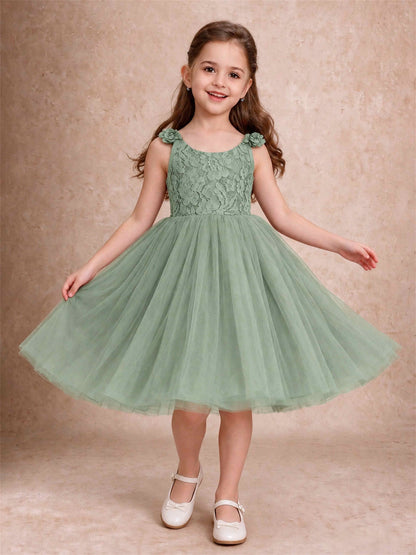 Sleeveless Flower Girl Dress Lace Tulle Knee Length Princess Party Gown For Wedding