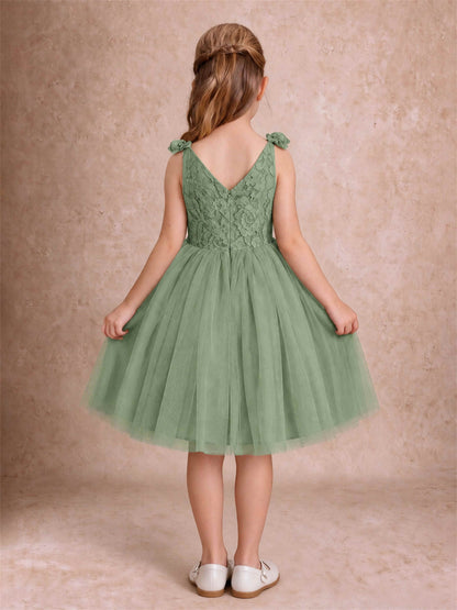 Sleeveless Flower Girl Dress Lace Tulle Knee Length Princess Party Gown For Wedding