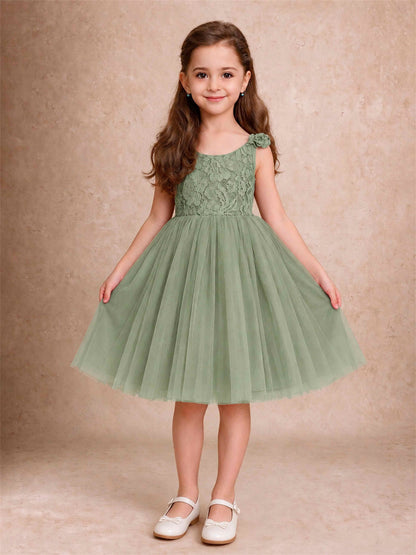 Sleeveless Flower Girl Dress Lace Tulle Knee Length Princess Party Gown For Wedding