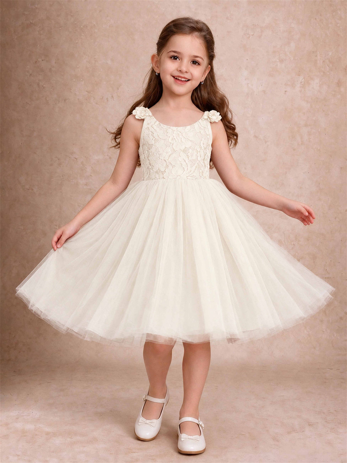 Sleeveless Flower Girl Dress Lace Tulle Knee Length Princess Party Gown For Wedding