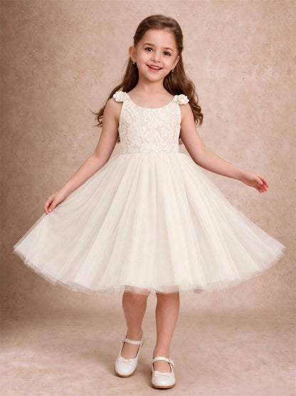 Sleeveless Flower Girl Dress Lace Tulle Knee Length Princess Party Gown For Wedding