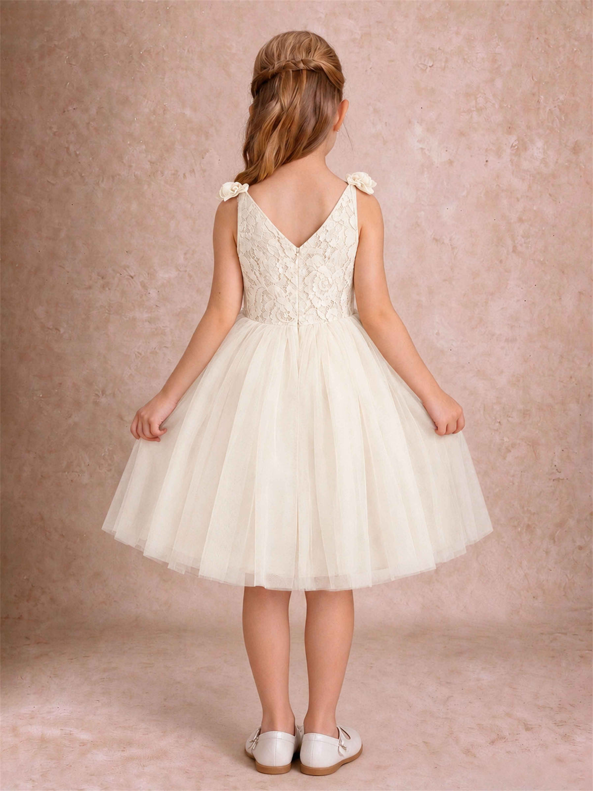 Sleeveless Flower Girl Dress Lace Tulle Knee Length Princess Party Gown For Wedding