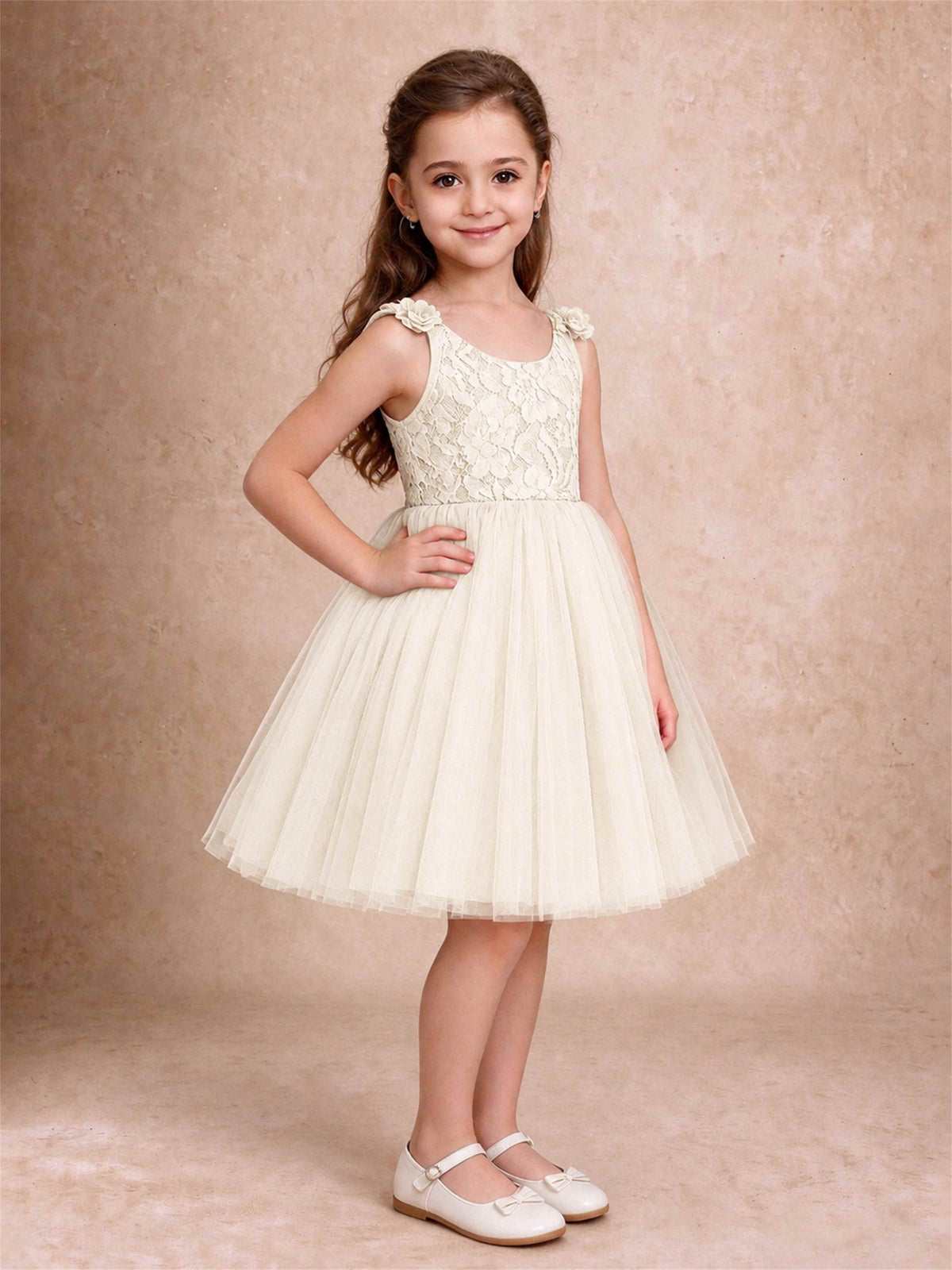 Sleeveless Flower Girl Dress Lace Tulle Knee Length Princess Party Gown For Wedding