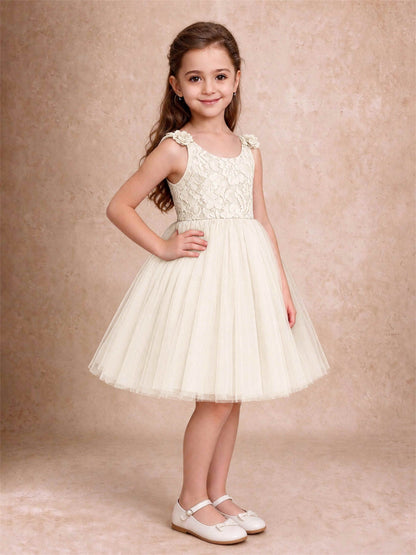 Sleeveless Flower Girl Dress Lace Tulle Knee Length Princess Party Gown For Wedding
