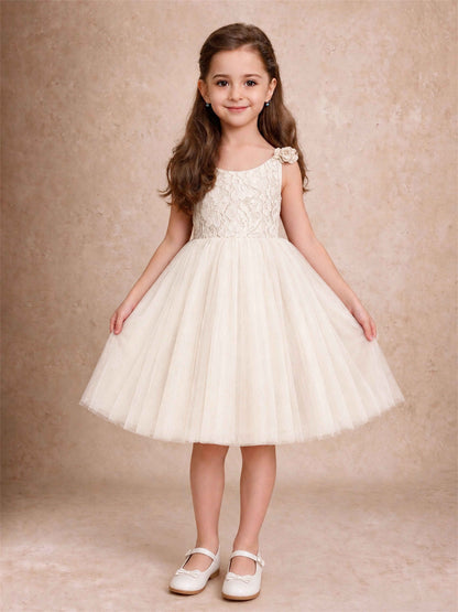 Sleeveless Flower Girl Dress Lace Tulle Knee Length Princess Party Gown For Wedding