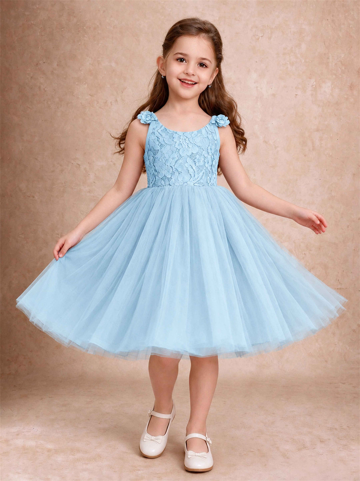 Sleeveless Flower Girl Dress Lace Tulle Knee Length Princess Party Gown For Wedding