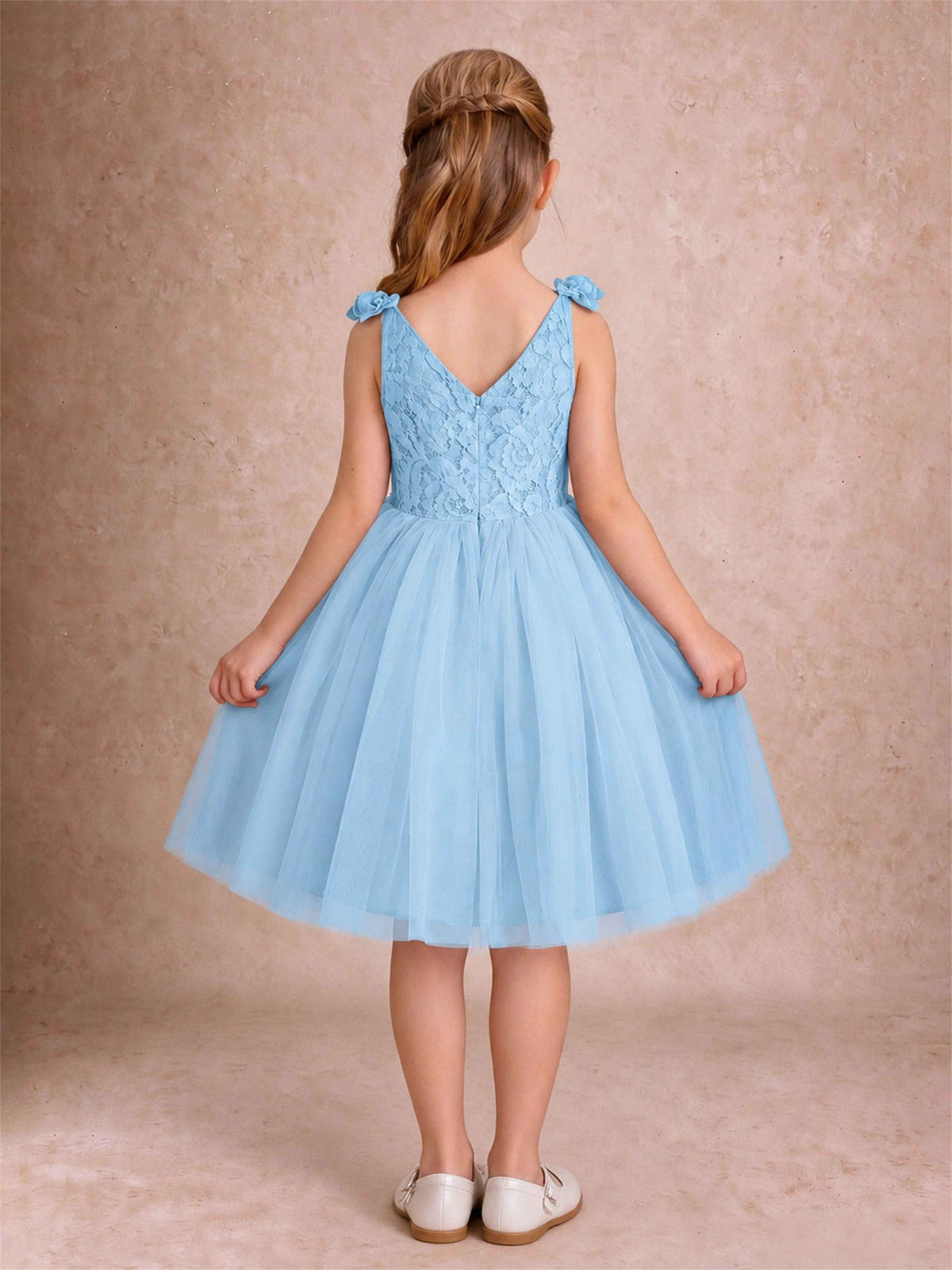 Sleeveless Flower Girl Dress Lace Tulle Knee Length Princess Party Gown For Wedding
