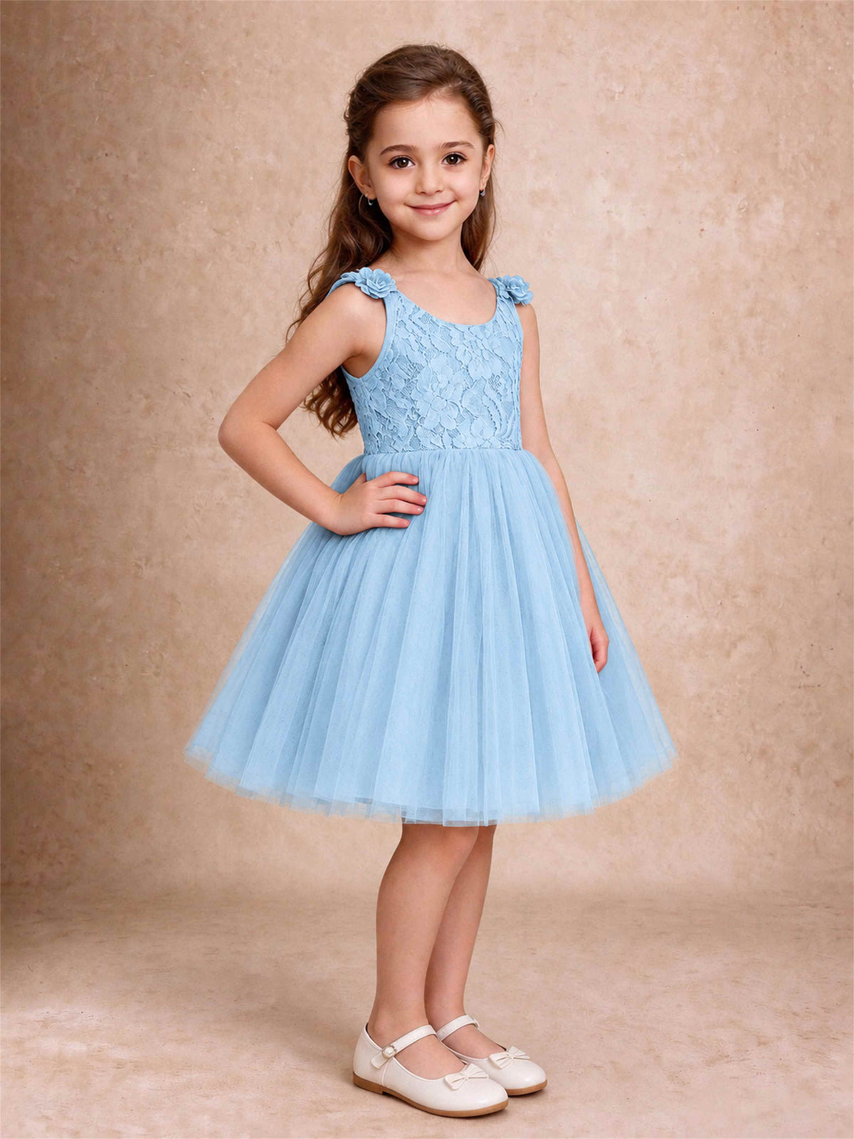 Sleeveless Flower Girl Dress Lace Tulle Knee Length Princess Party Gown For Wedding