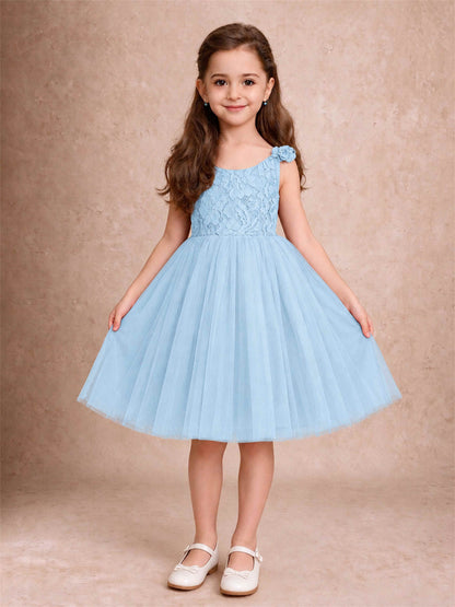Sleeveless Flower Girl Dress Lace Tulle Knee Length Princess Party Gown For Wedding