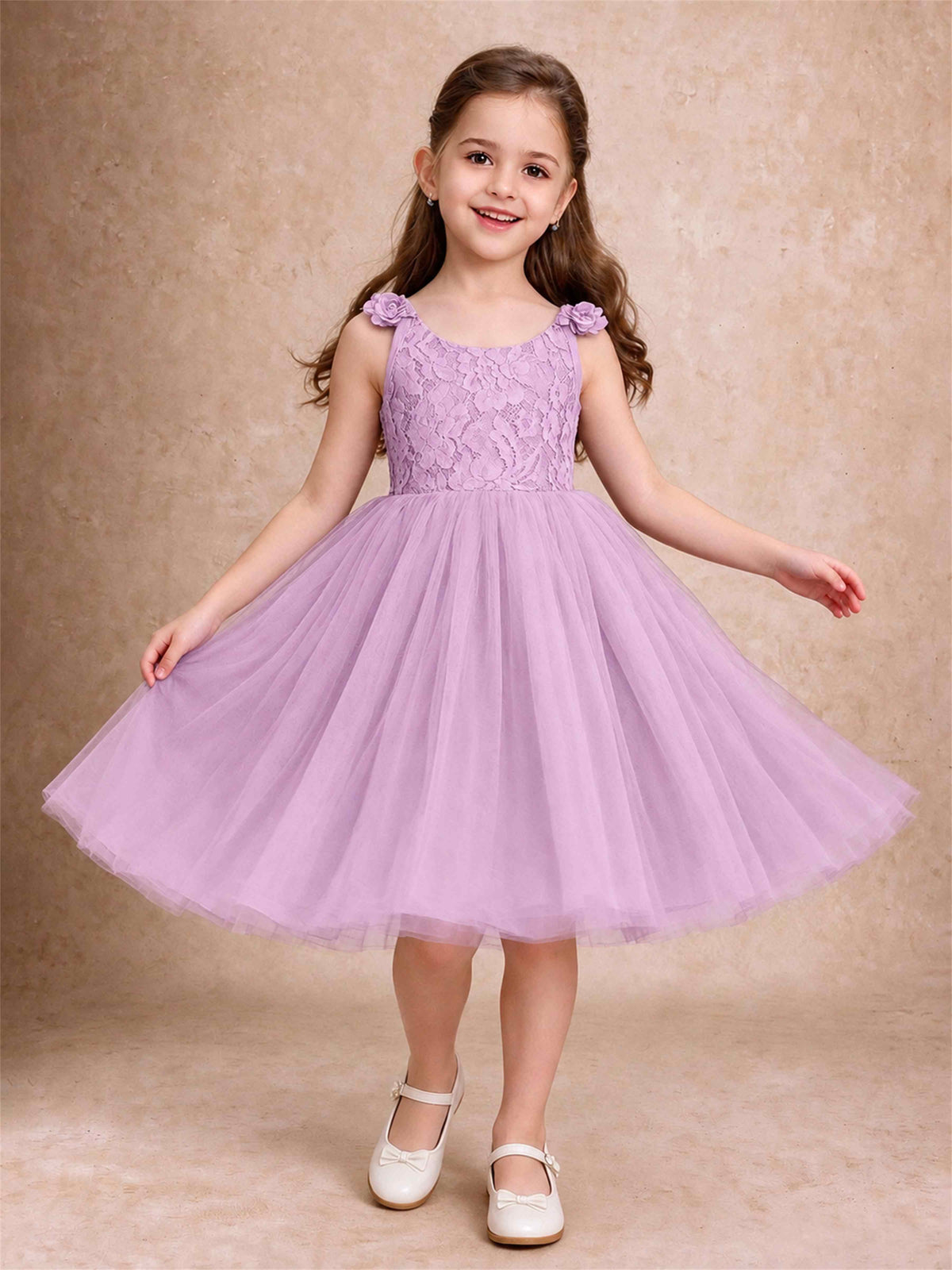 Sleeveless Flower Girl Dress Lace Tulle Knee Length Princess Party Gown For Wedding
