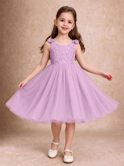 Sleeveless Flower Girl Dress Lace Tulle Knee Length Princess Party Gown For Wedding