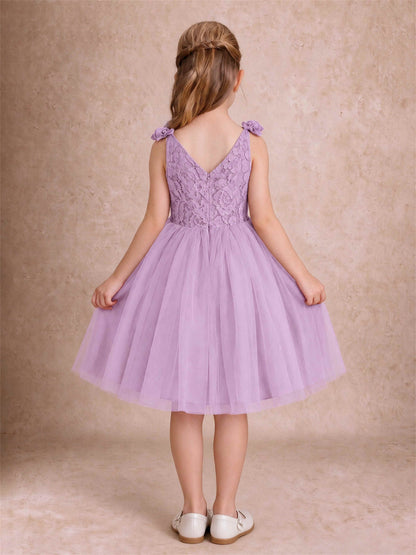 Sleeveless Flower Girl Dress Lace Tulle Knee Length Princess Party Gown For Wedding