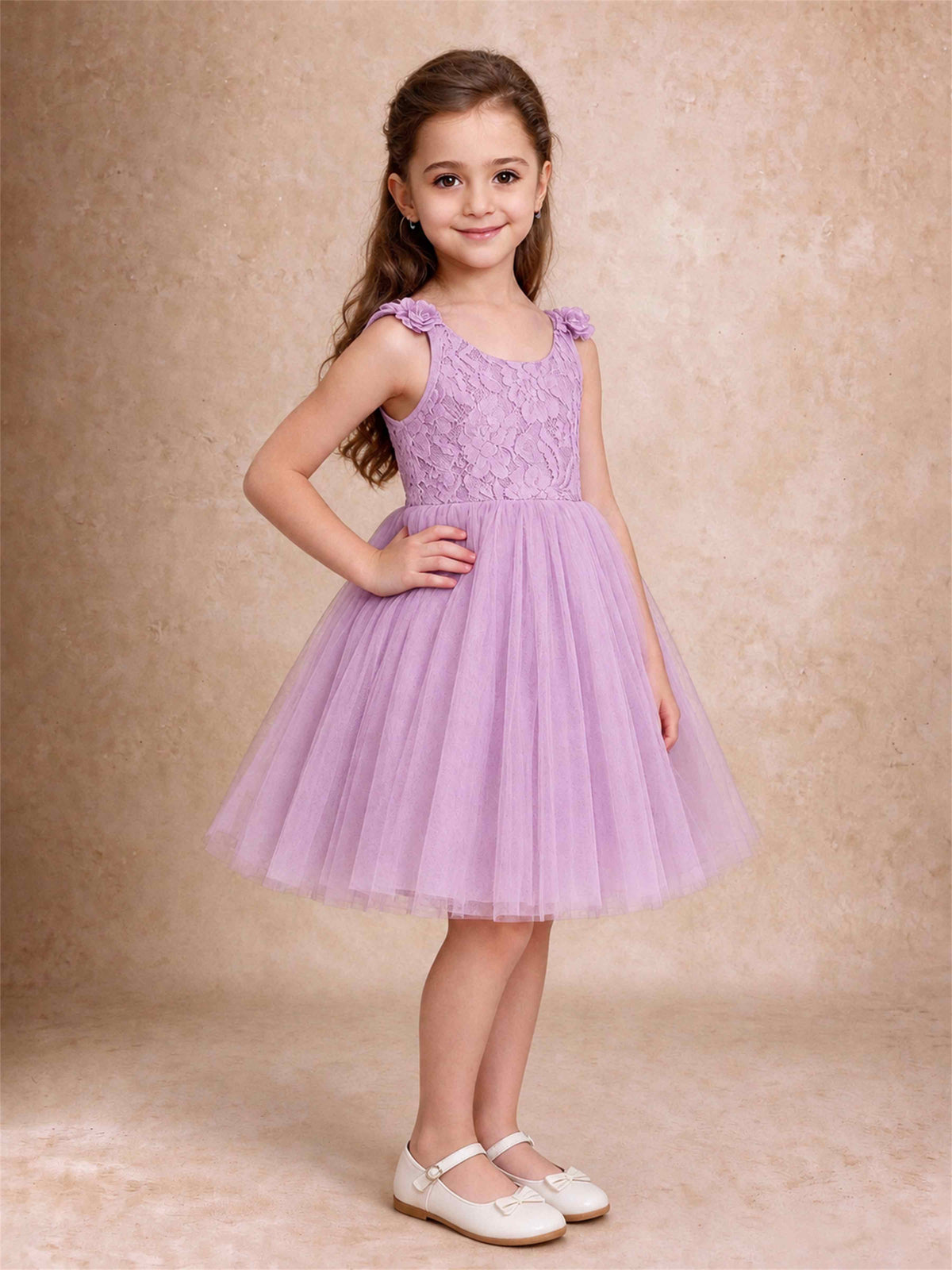 Sleeveless Flower Girl Dress Lace Tulle Knee Length Princess Party Gown For Wedding