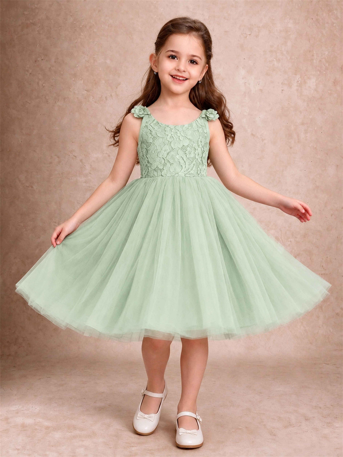 Sleeveless Flower Girl Dress Lace Tulle Knee Length Princess Party Gown For Wedding
