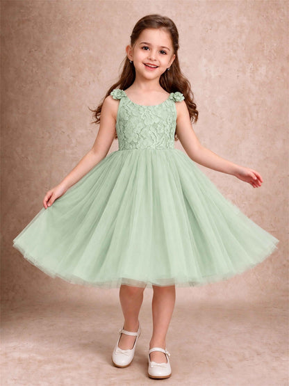 Sleeveless Flower Girl Dress Lace Tulle Knee Length Princess Party Gown For Wedding