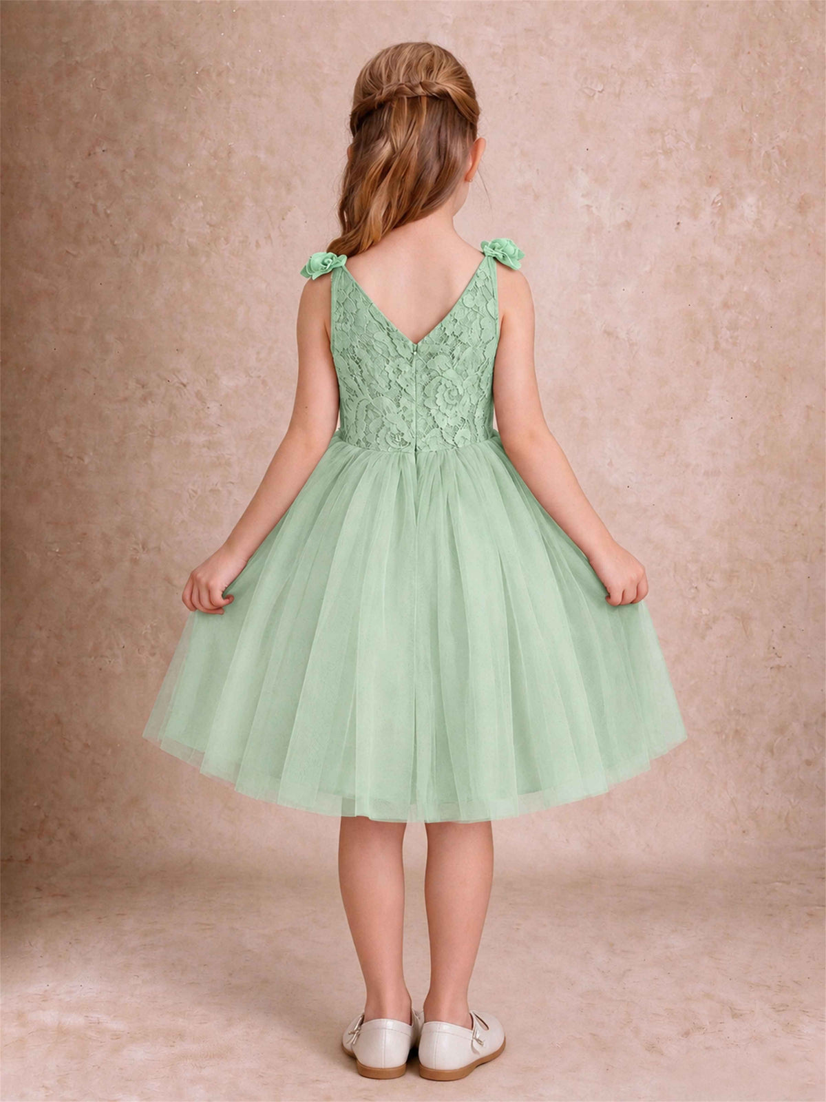 Sleeveless Flower Girl Dress Lace Tulle Knee Length Princess Party Gown For Wedding