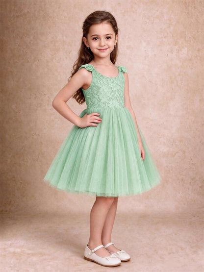 Sleeveless Flower Girl Dress Lace Tulle Knee Length Princess Party Gown For Wedding