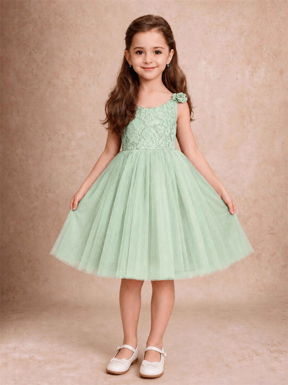 Sleeveless Flower Girl Dress Lace Tulle Knee Length Princess Party Gown For Wedding