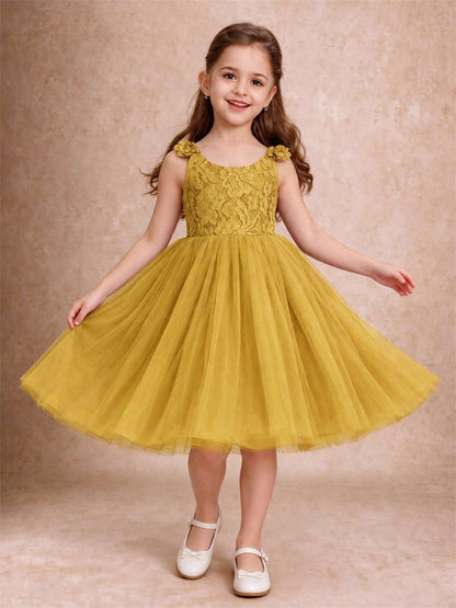 Sleeveless Flower Girl Dress Lace Tulle Knee Length Princess Party Gown For Wedding